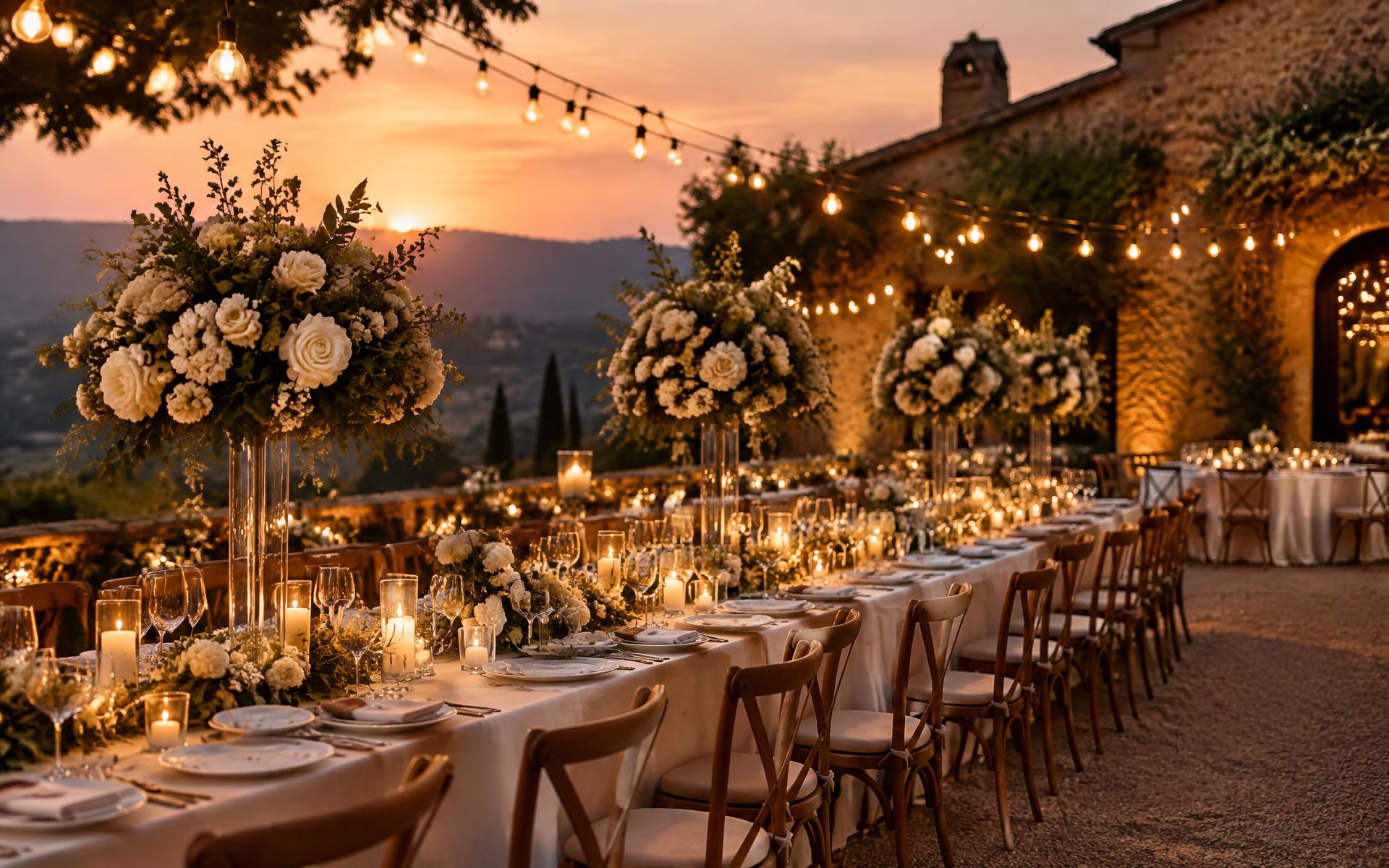 Candlelit outdoor reception table set at sunset